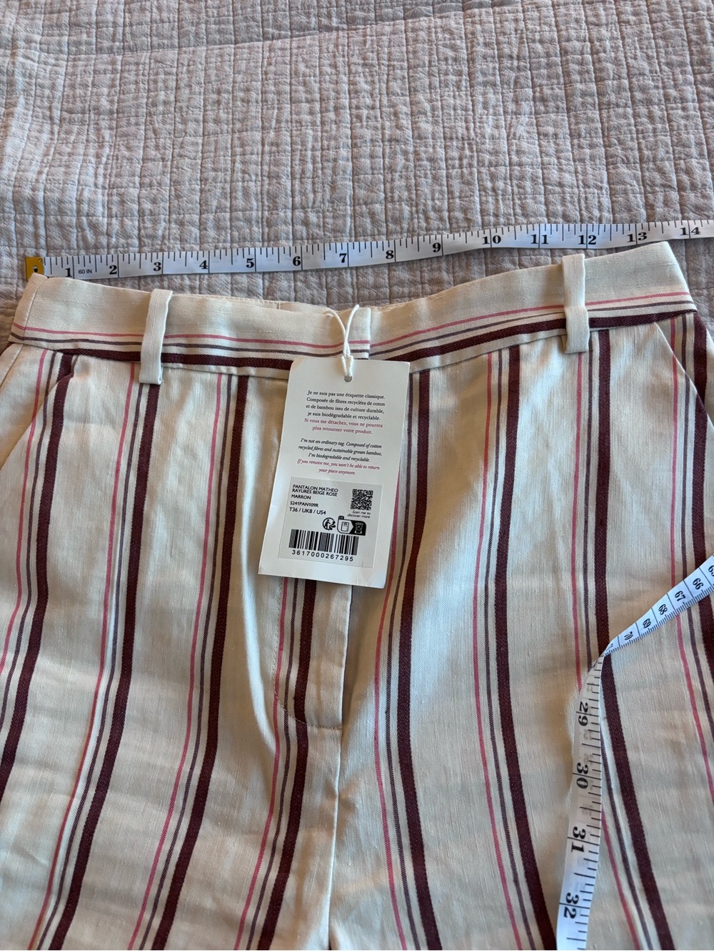 NWT Sézane Matheo Trousers in Stripes Beige Pink Brown Size 4/36 - Picture 7 of 7